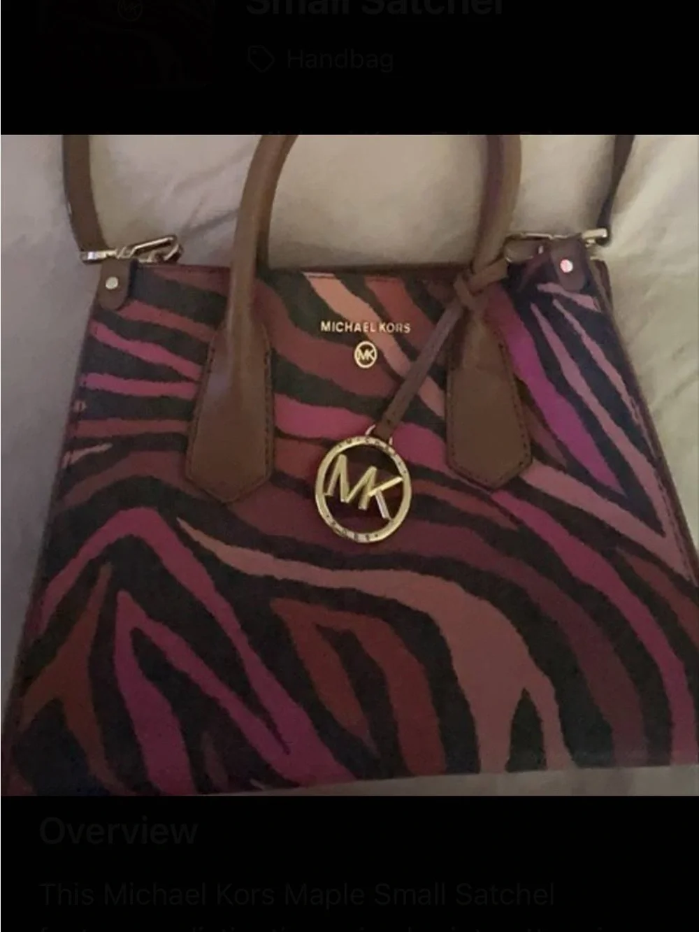 Michael Kors Pink and Black Zebra Print Satchel with Brown Trim
